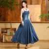Women Denim Long Maxi Dress | Sleeveless Big Hem Jeans Spaghetti Strap Dress
