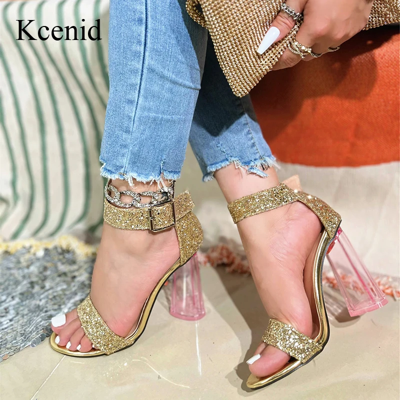 

Kcenid Ankle Buckle Sandals New Bling Gold Silver Fashion Ankle Strap Sandals Gladiator Cover Square Heel Women Open Toe Pumps