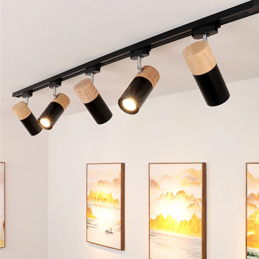 

E27 Modern Simple LED Track Light Nordic Wooden Track Rail Spotlight Bedroom Dining Ceiling Lamp TV Background Downlight
