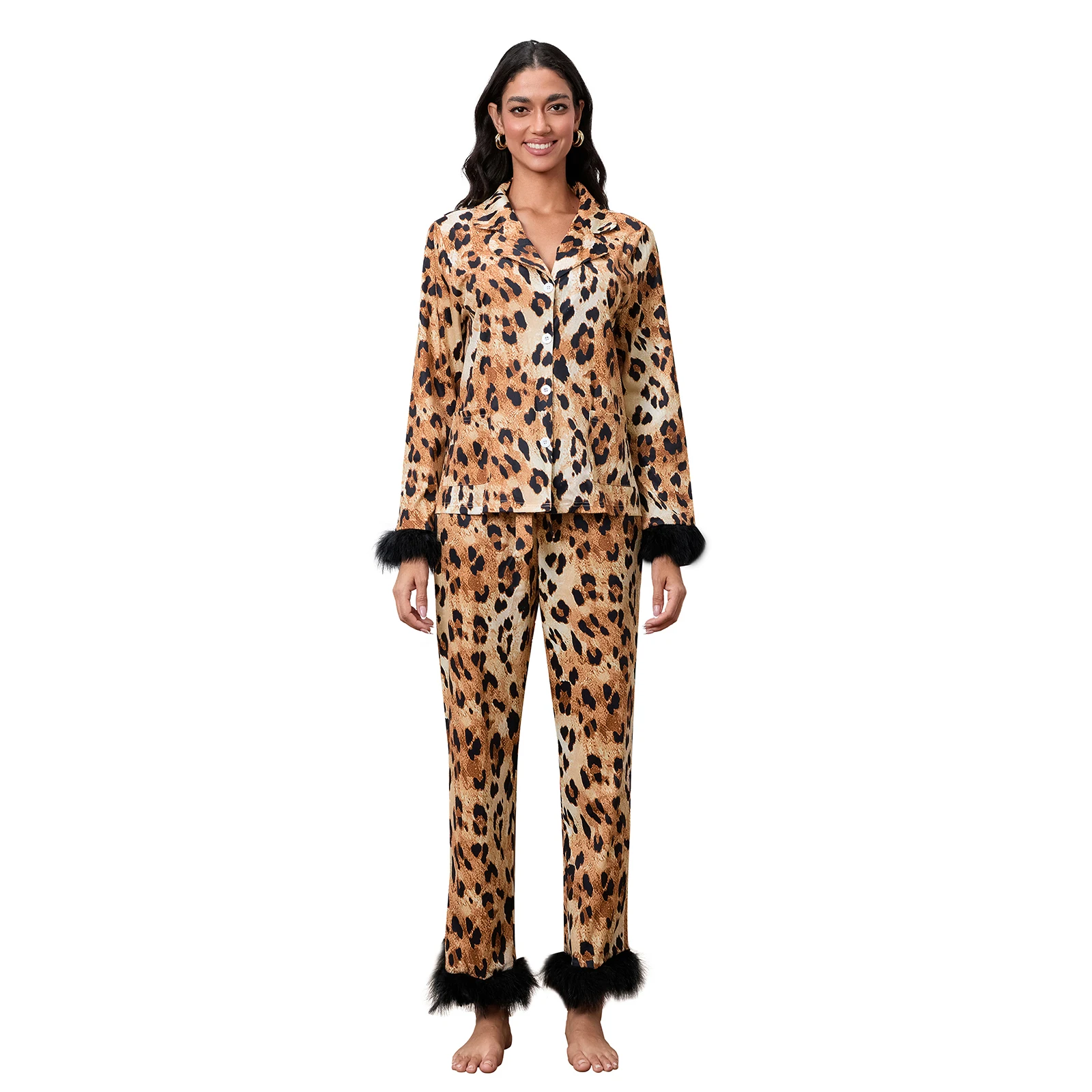 Conjuntos de pijamas familiares a juego para madre e hija, blusas con ribete de plumas de leopardo, cuadros y Papá Noel + pantalones con cintura elástica, conjuntos de ropa de dormir