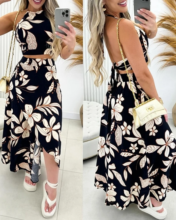 Two Piece Set Women Outfit 2024 Summer Floral Print Halter Backless Tied Detail Top & Casual Beach Vacation Maxi Slit Skirt Set