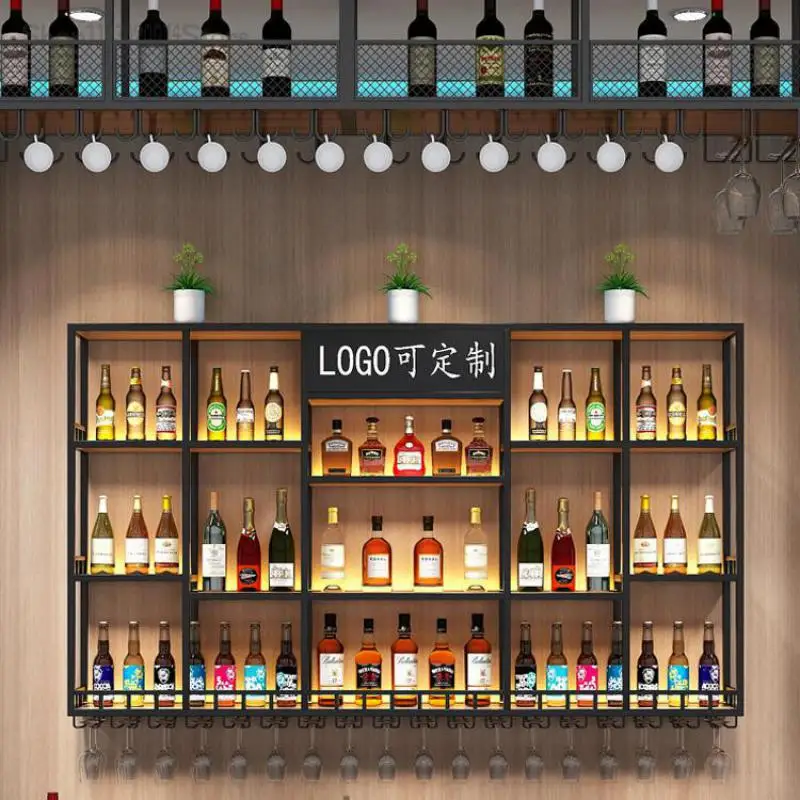 Shop Wall-mounted Red Wine Shelf Simple Bar Counter Wall-mounted Wine Cabinet Display Cabinet Iron Art Luminous Rack