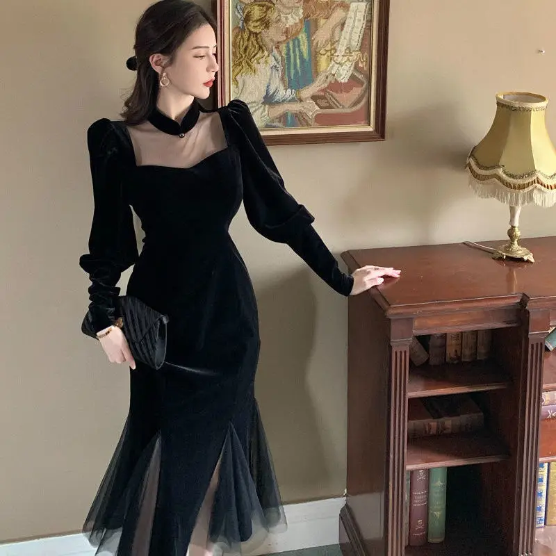 

2023 New Autumn Sexy Long Sleeve Solid Dress Women Fashion Print Round Collar Spliced Shirring Fishtail T632