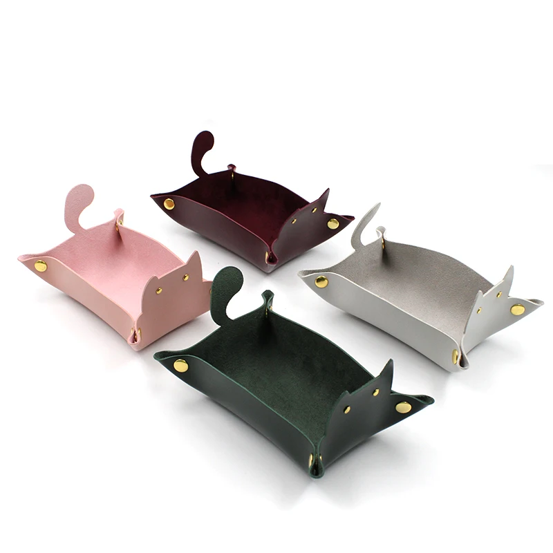 PU Leather Desktop Storage Tray, Stationery Storage Tray, Dice Rolling Cat Shaped, Square, Key Box