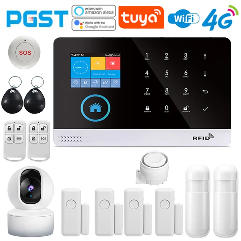 Security System Security Alarm Wireless Alarm PGST Home Security Alarm System 4G 2G WiFi GSM 2.4 MHz Tuya Smart Life Application Control Equipped with PIR mobile RFID card
