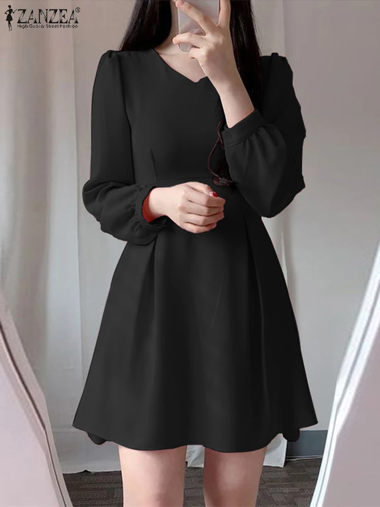 

Elegant V Neck Evening Vestidos ZANZEA 2023 Women Korean Long Puff Sleeve Solid Mini Dress Casual Cinched Waist Pleated Dress