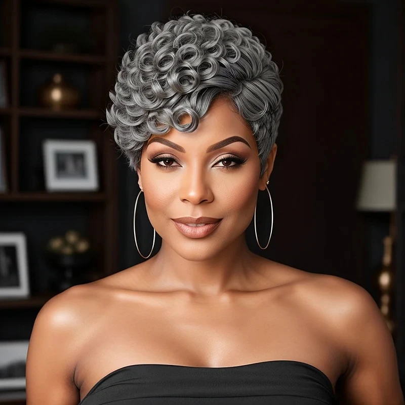 Hairinside Bob Wig Salt and Pepper Silver Grey Short curly Virgin Brazilian Human Hair Wigs For Women Hair curly 200 Density