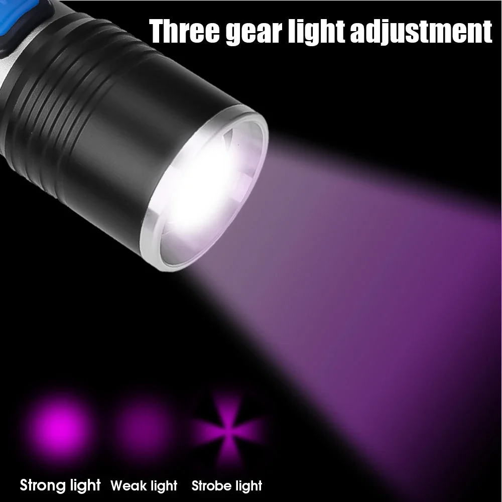 Linterna LED UV de 365/395nm, luz violeta con zoom, recargable por USB, resistente al agua, lámpara de detección de escorpiones de orina de mascotas