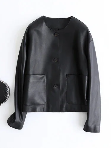 thumbnail image 1 of Chaqueta elegante de piel auténtica con cuello redondo para mujer, tendencia primavera otoño 2024, abrigo de piel de oveja corto informal sencillo de alta gama, 1 of 5