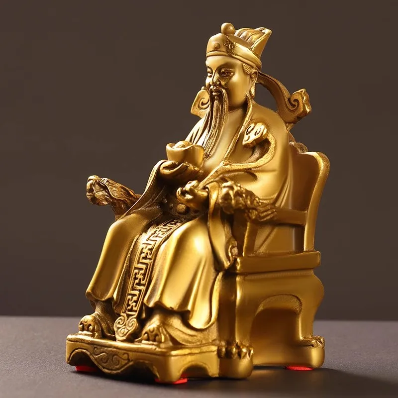 Pure Copper God of Wealth Statue - Sitting on Dragon Throne with Ruyi Scepter & Gold Ingots, Lucky Feng Shui Decor ，Home/Office