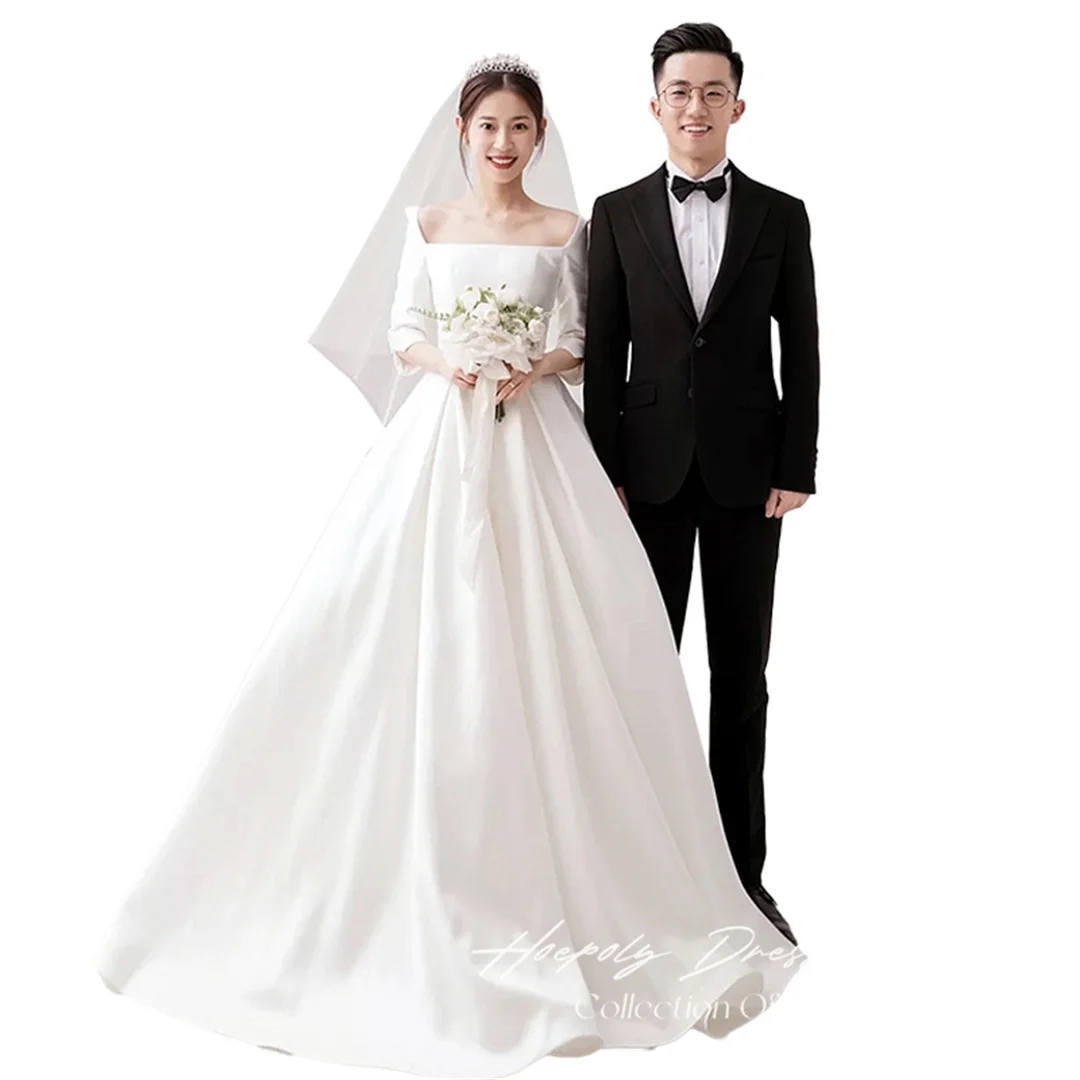 

Hoepoly Ivory Sweet Beauty Bride Wedding Party Dress Square Neck Korea 드레스 Photography Satin A-Line Wedding Dresses for Women