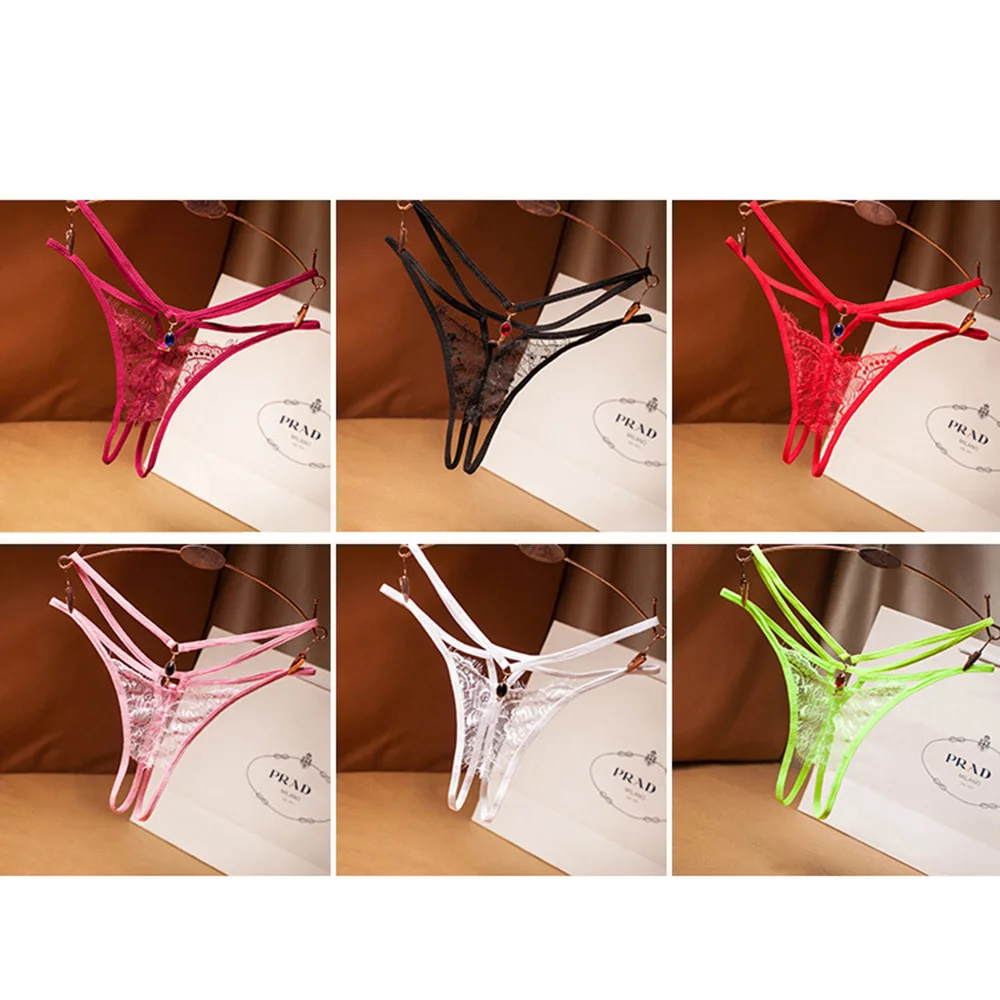 Women's Erotic Open Crotch Lingerie Panties See Through Lace Mesh Lightweight Breath Underwear Thong with Rhinestone Decor Low