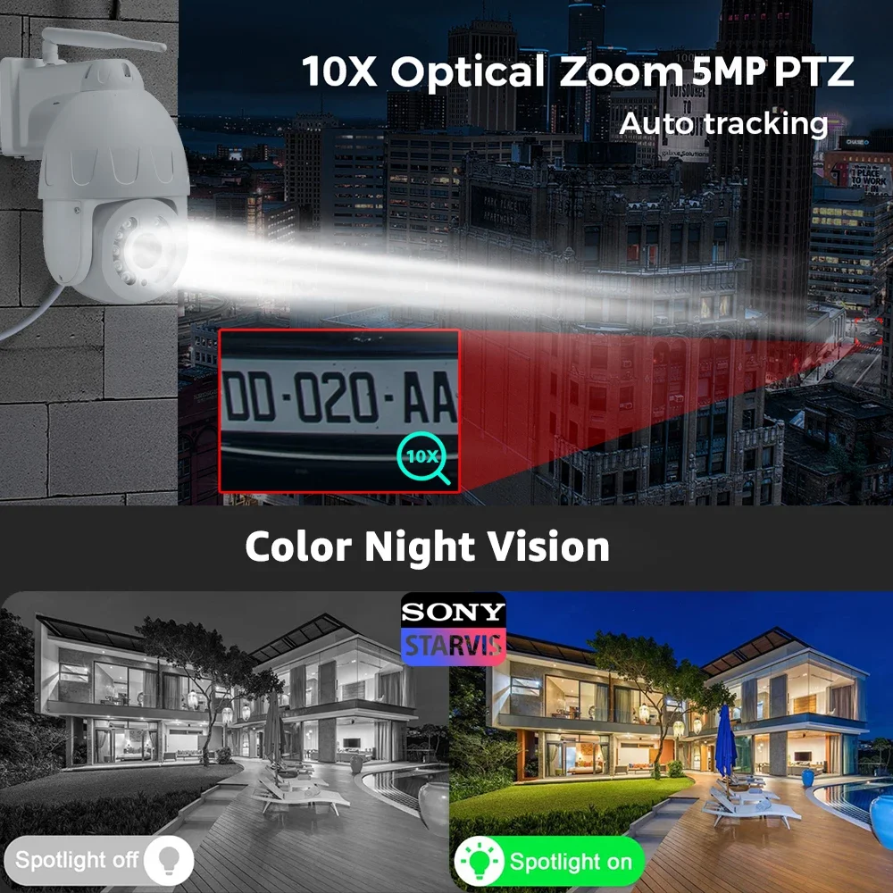 5MP 실외 IP 카메라 10X 5X 광학 줌 자동 추적 PTZ WiFi 보안 카메라 인간 탐지 돔 감시 카메라  컬러 나이트 비전 양방향 대화 금속 쉘 RTSP, FTP, SD 카드 슬롯, CamHi 앱, 