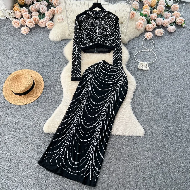 Long Sleeve Top Versatile Harajuku Fashion Maxi Skirt Mesh Two Piece Set A Line Midi High Waist Jupe Clothing Feminino Lady Suit