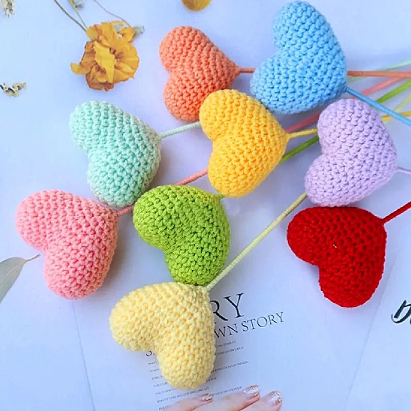 1PC 40cm 8Colors Knitted Heart Shape Flowers Hand Woven Crochet Wedding Party Birthday Teachers' Valentine's Day Decor Gift knitting supplies knitting material weaving tools