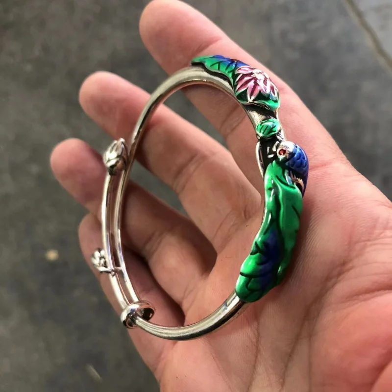 

Wholesale Cloisonne Craft Lotus Carp Lotus Seedpod Bracelet Chinese Retro Ethnic Style Push-Pull Adjustable Bracelet