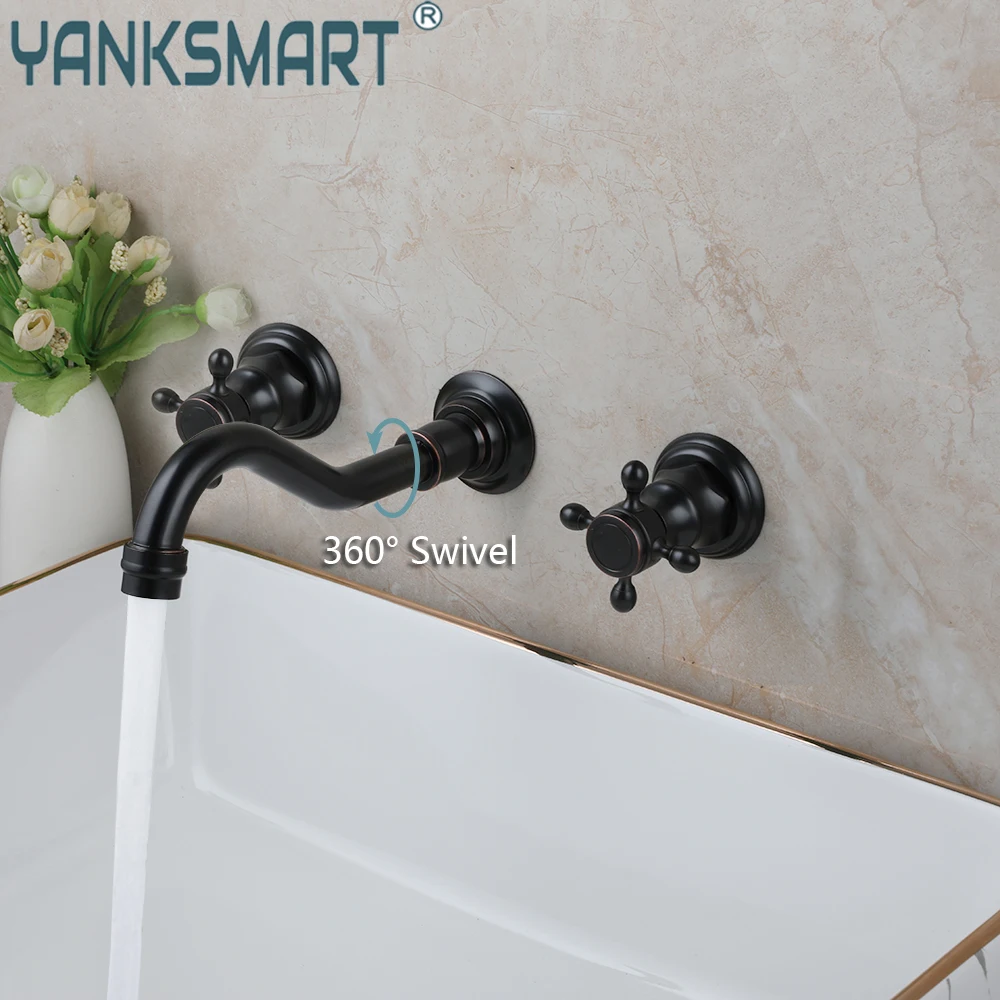 

YANKSMART 3 Pcs Bathroom Faucet Double Handles Control Wall Mounted Bathtub Vessel Hot and Cold Tap Basin Sink Crane Mixer Taps