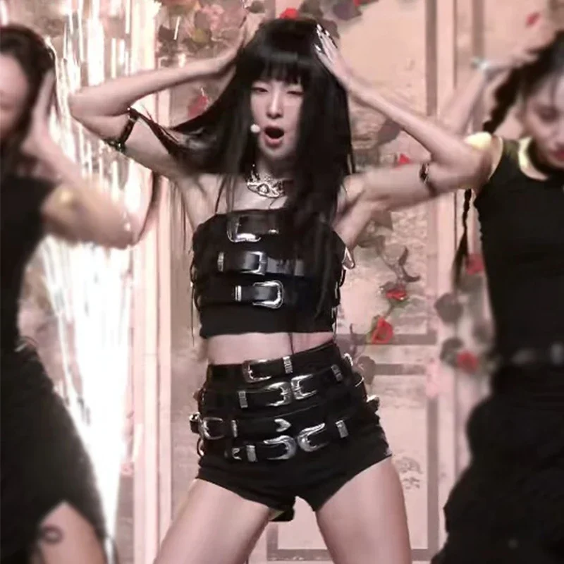 

Костюм для джазовых танцев, женская одежда в стиле K-POP, сексуальная одежда Y2k, черные топы, шорты, Одежда для танцев на шесте, одежда для выступлений, одежда для сцены
