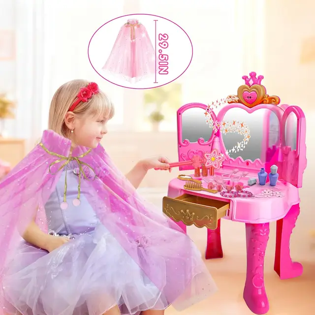 Magic Makeup Vanity Table & Chair Set for Girls with Light & Music, Pretend Play Toy