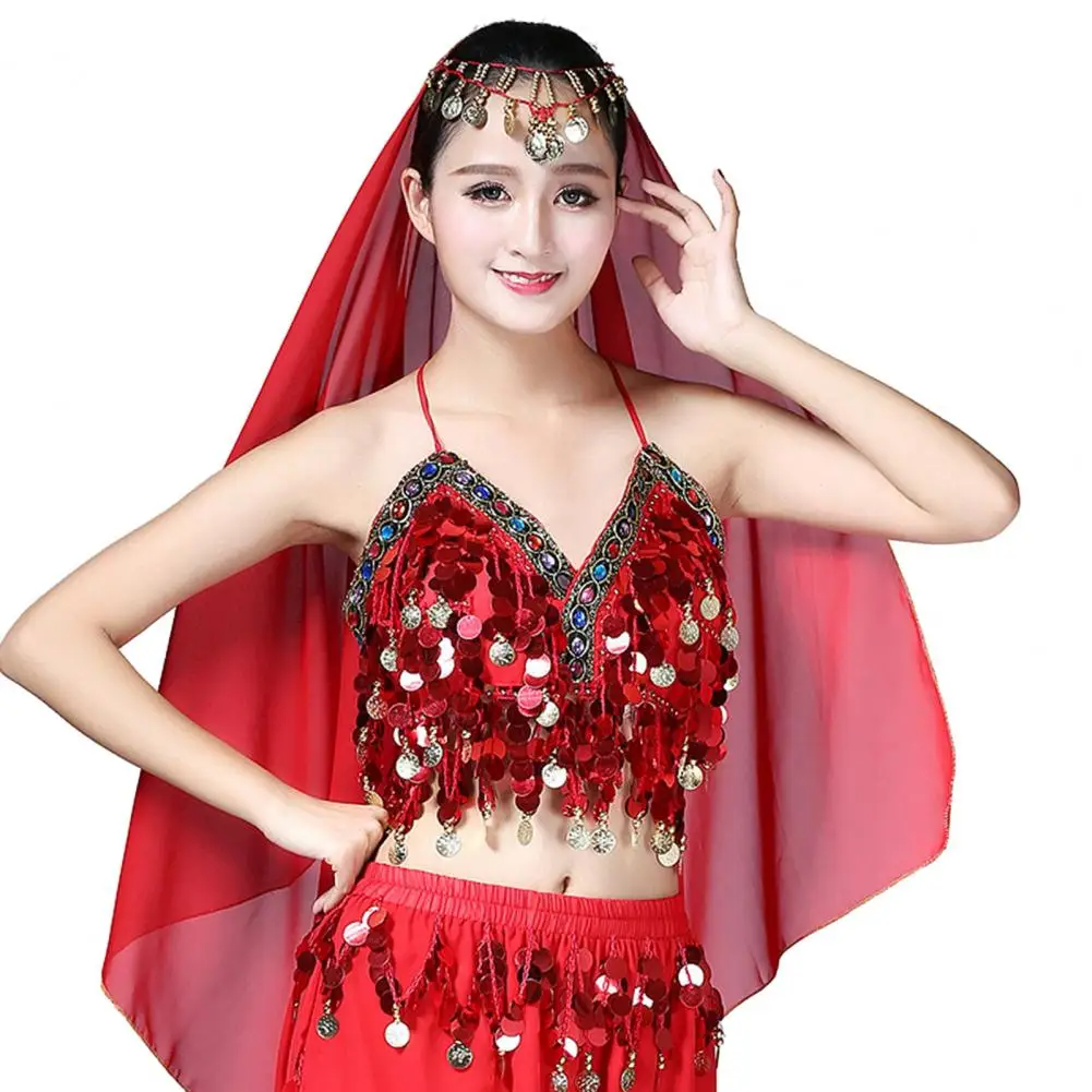 Belly Dance Top Sequin Tassel Halter Neck Women Bra Top Waist-exposure Backless Sleeveless Boho Style Sequin Tassel Vest 80%