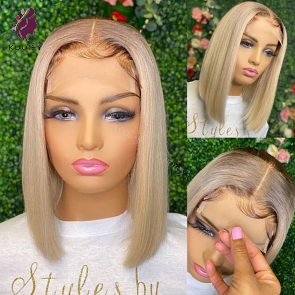 Ash Blonde Lace Front Wig Human Hair Dark Rooted Straight Short Bob