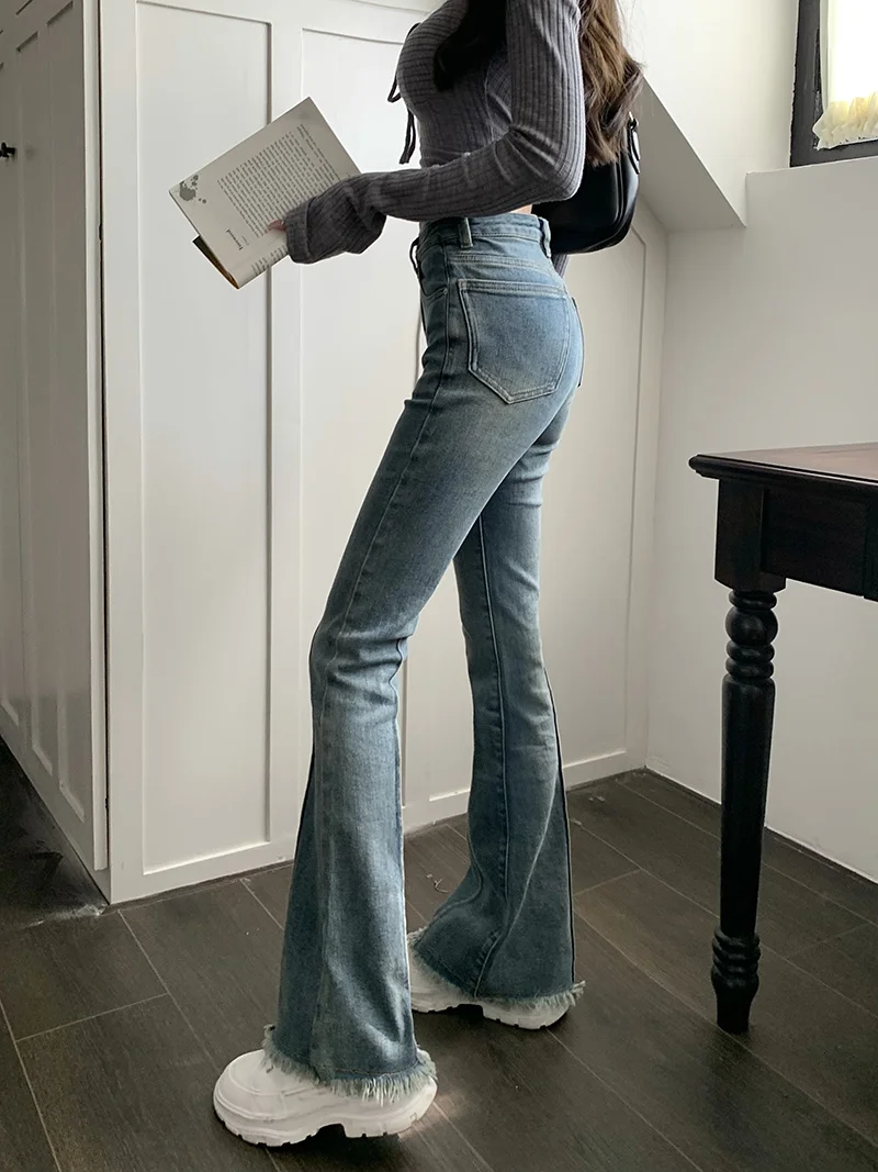 

High Waist Slim Raw Edge Jeans Women's Elastic Slim Fit Washed Micro Flare Pants Girls Casual Bodycon Denim Trousers