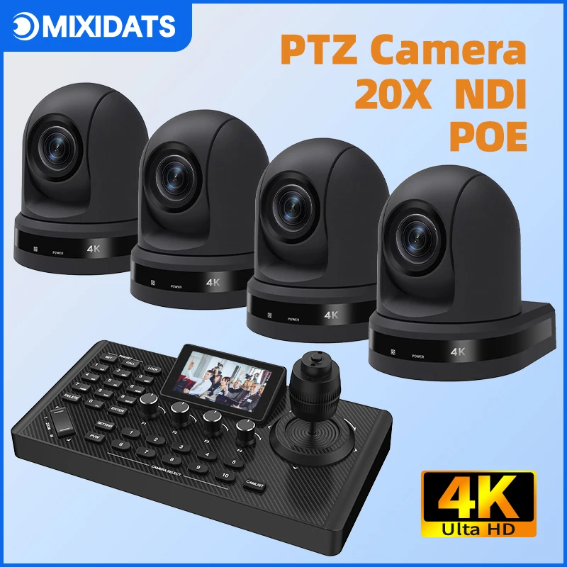 กล้อง 4K NDI PTZ 1-10 ตัว ซูม 20 เท่า สำหรับการประชุมทางวิดีโอ เหมาะสำหรับโบสถ์ งานประชุมทางธุรกิจ  พร้อมตัวเลือกชุดคีย์บอร์ดควบคุม 1 ชุด 1