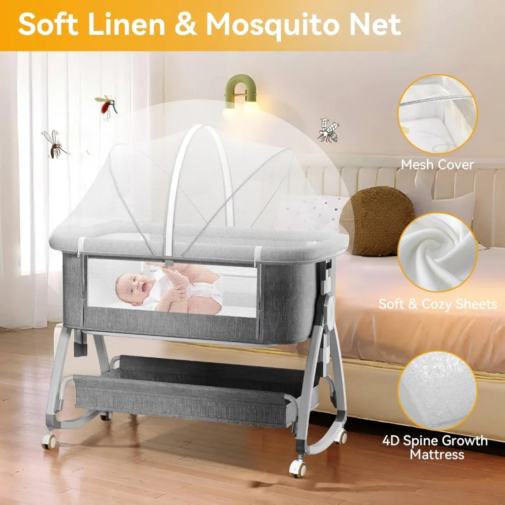 Baby Bassinet 4-in-1 Convertible Bedside Crib, with Mosquito Net & Rocking Mode | 6 Adjustable Heights, Breathable Mesh 6