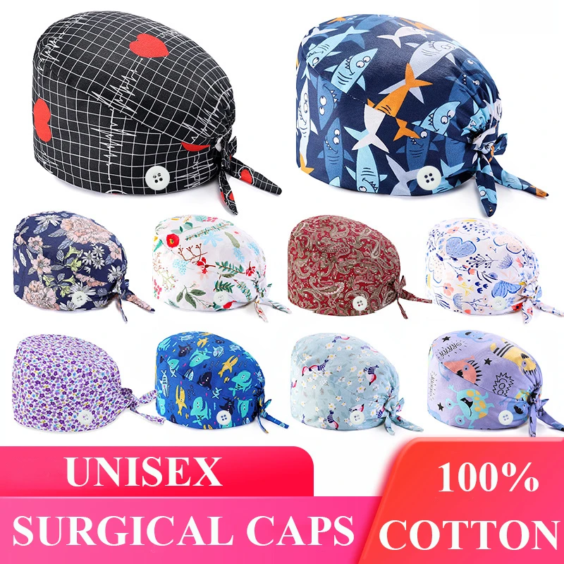 

Women's Surgical Scrub Caps Medical Nurse Work Skull Hat Men 100% Cotton Adjustable Hospital Nursing Doctor Dental Cap
