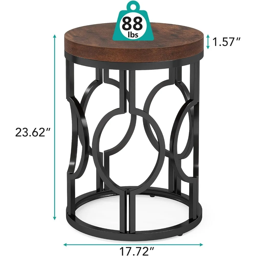 Round End Table Set of 2,  Industrial Side Table with Metal Hollow Frame 2
