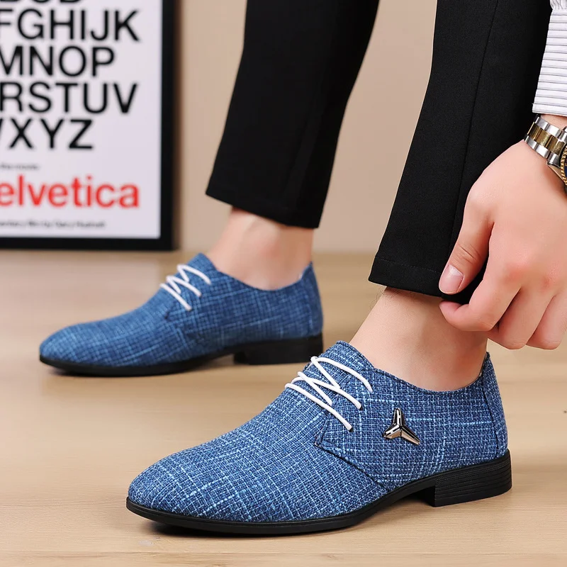 

Fashion Pointed Toe Lace-Up Formal Wedding Shoes Men Classic Business Shoes Man Dress Shoes Men Blue Hemp 2023 New