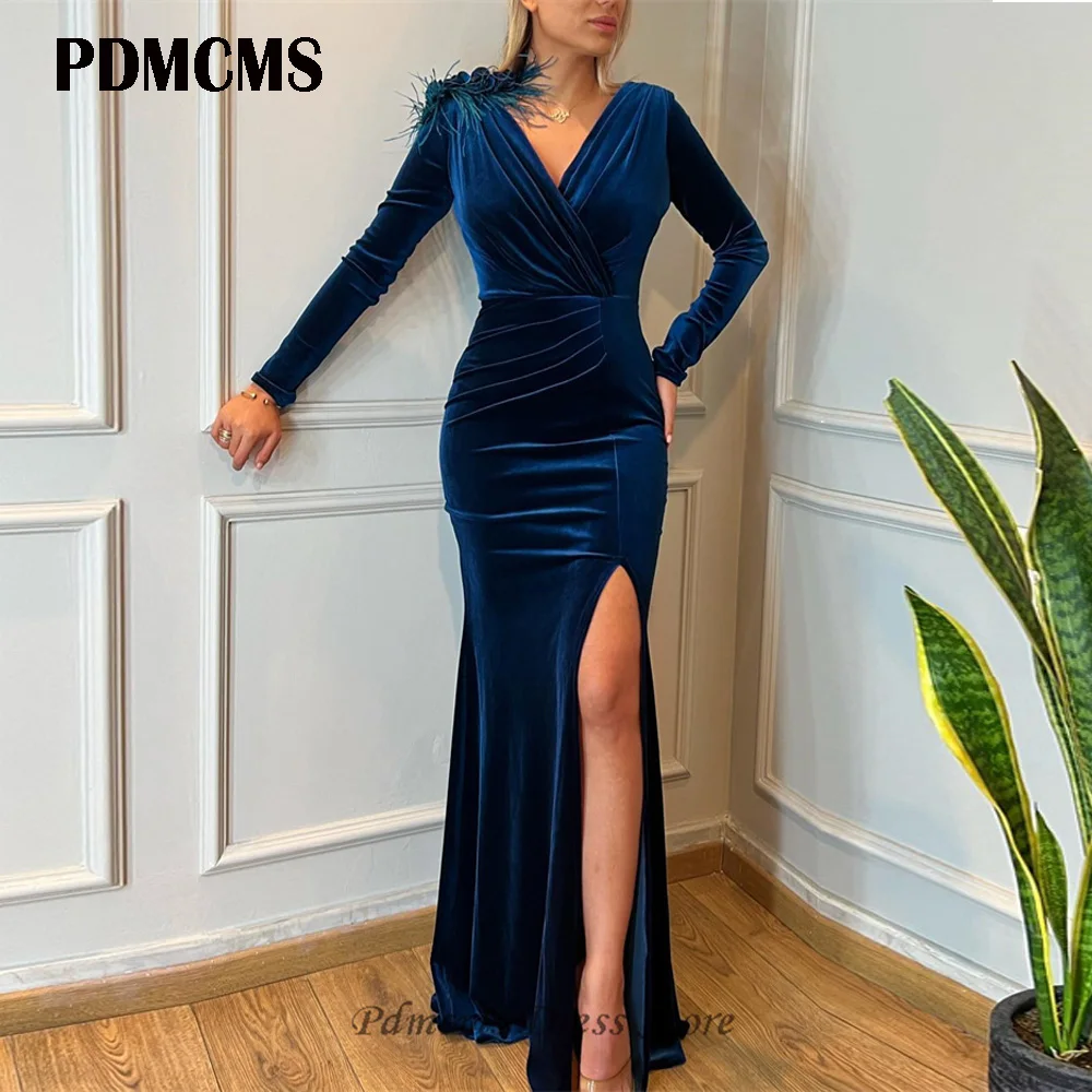 

PDMCMS Dark Blue Velet Mermaid Evening Dresses V Neck Feathers Side Slit Party Dresses Long Sleeves Floor Length Prom Gowns