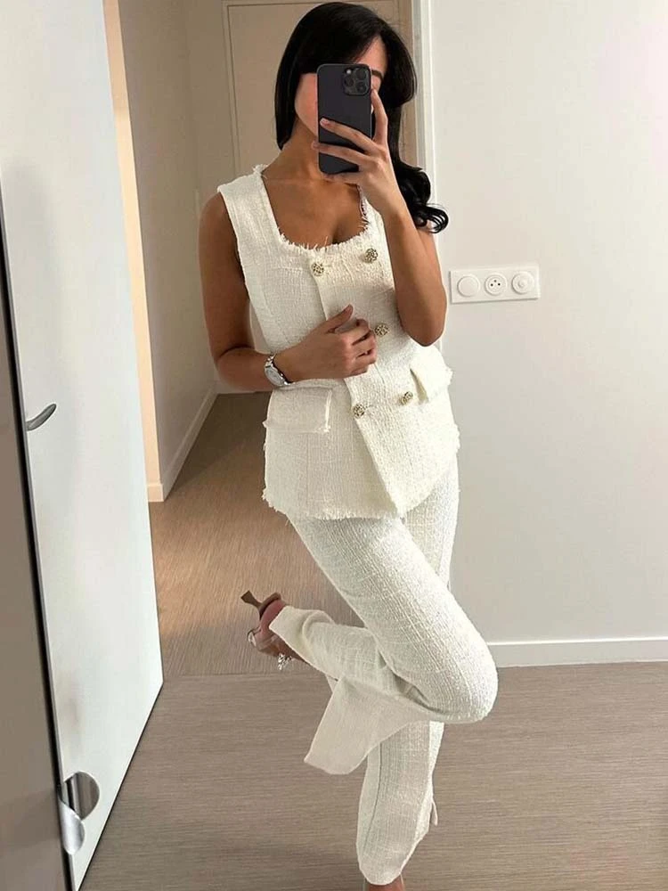 TRAF Women's Tweed Pants Sets Woman 2 Pieces Suit 2023 New Fashion Long