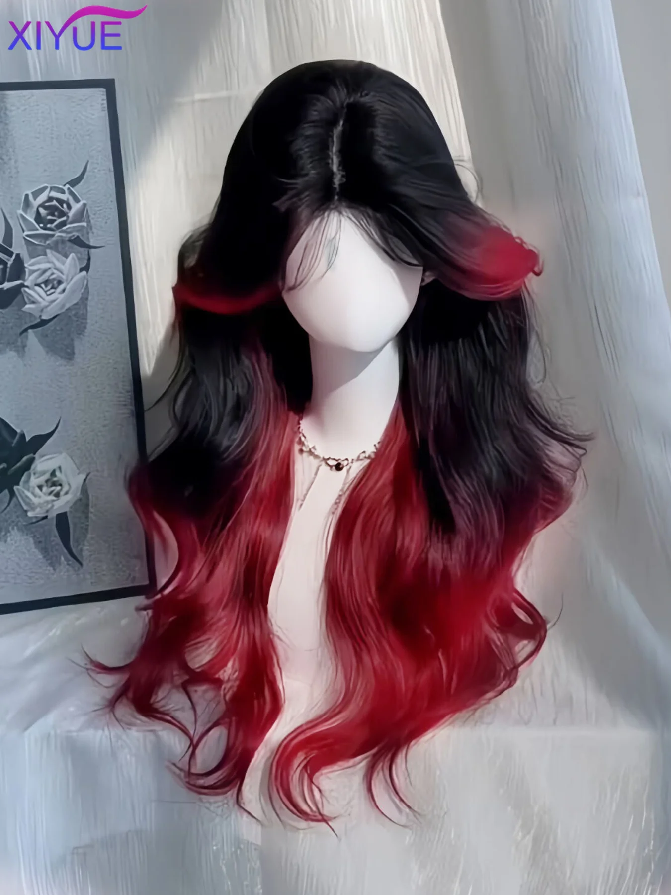 Black Ombre Red Layered Wig Synthetic Long Wavy Women Fluffy Lolita Style Cosplay Wig Middle Part for Daily Party