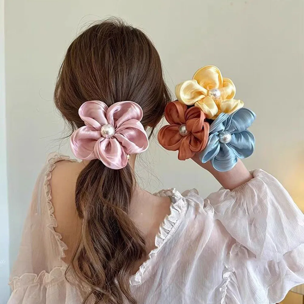 Elegant Pearl Rhinestone Flower Hair Rope Scrunchie