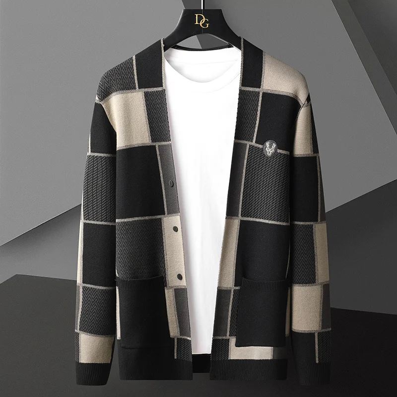 

head high sense deer Light luxury embroidery knitting cardigan men's 2023 autumn new Korean fashion lattice casual sweater coat