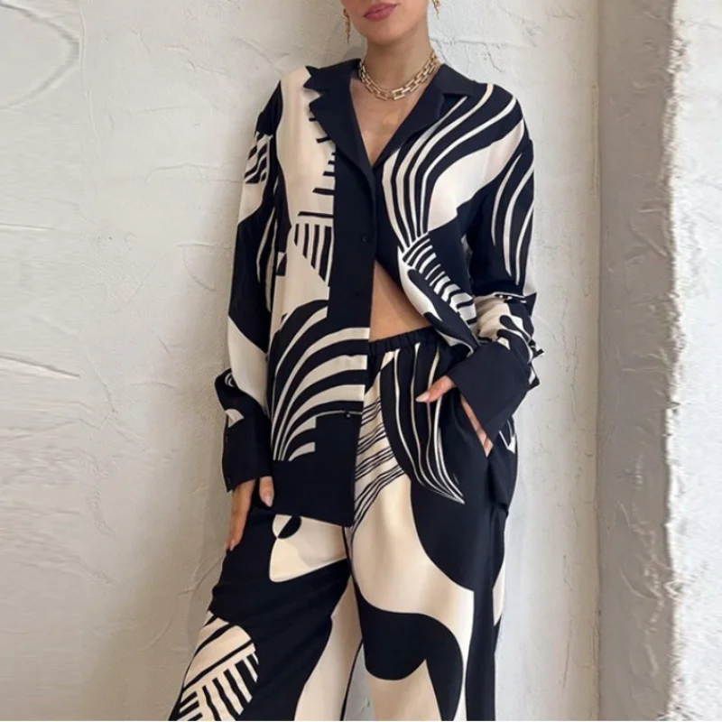

Printed Wide-Leg Pants Suit for Women, Loose Streetwear, 2-Piece Sets, Autumn Outfits, New, 2023