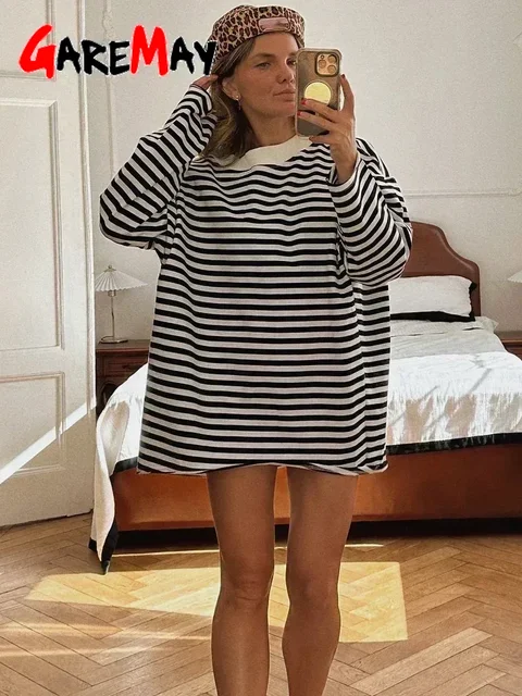 Women's Striped T-shirt 95% Cotton Oversized Black and White Casual Basic Long Sleeve Top Vintage  Casual T-shirts for Women 2