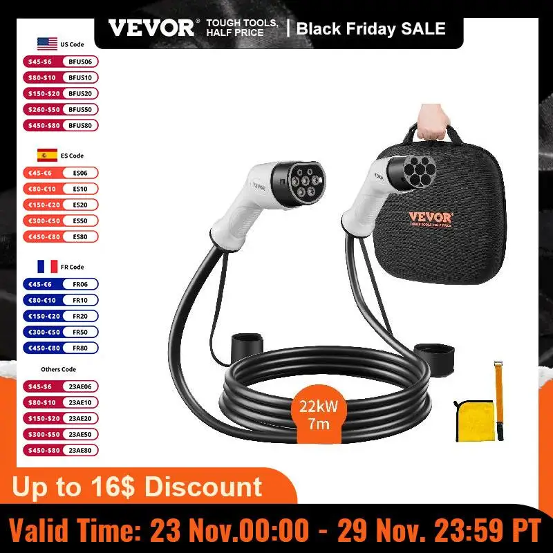 VEVOR VEVOR Type 2 to Type 2 EV Charging Cable Electric Vehicle Cable 32A  7m 22kW TPU