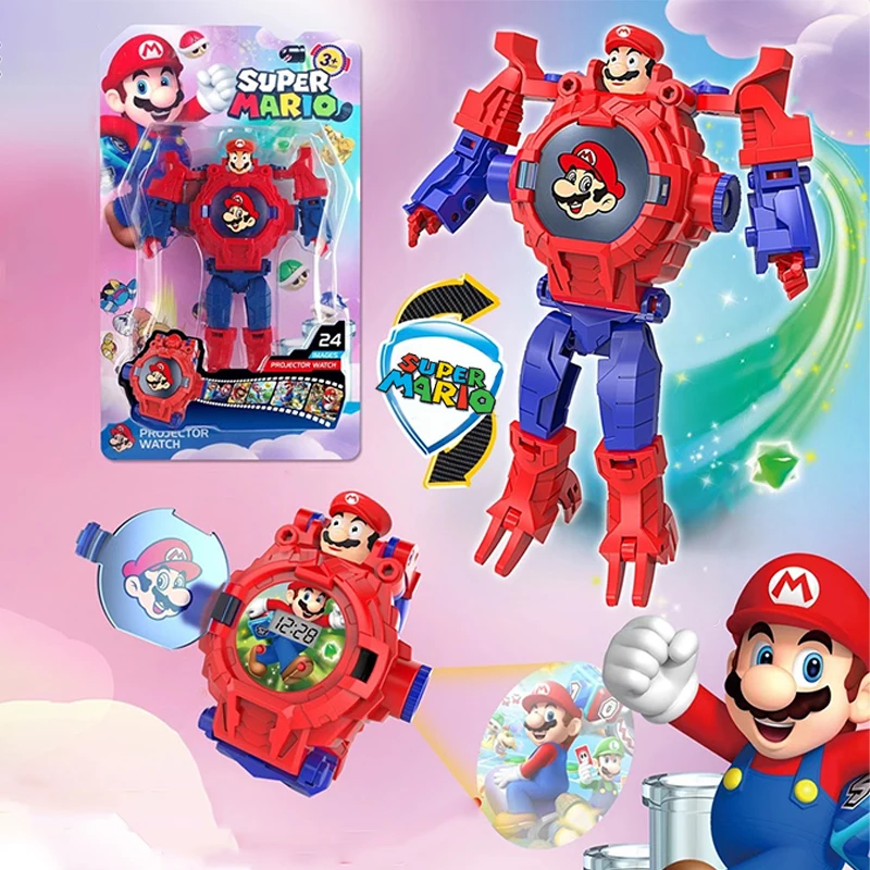 Super Mario Bros Children Watch Toy Anime 24 Imagic Projection Orologi Elettronici Cartoon Transformable Robot Clock Giocattoli Per Bambini