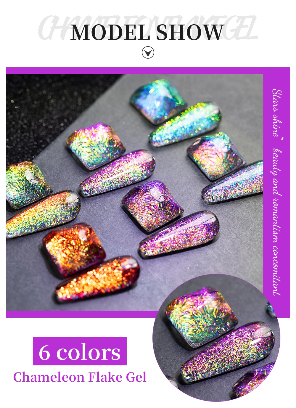 Description Picture 5 of itemPUENTE Chameleon Flake Gel Nail Polish 5ML Aurora Glitter Nail Gel Semi Permanent Varnish Hybrid Soak Off UV Gel For Manicure
