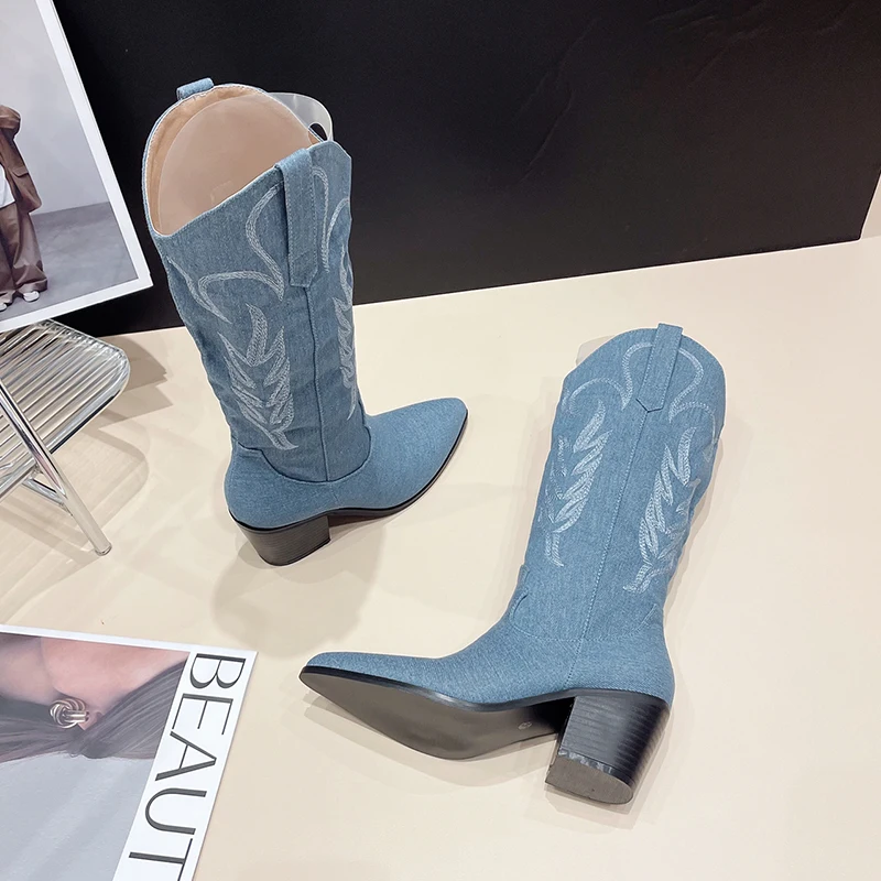 Kcenid Autumn Winter Cozy Sfot Leather Boots High Knee Woman Heels Fashion Handwork Embroidery Ladies Pointed Toe Long Shoes