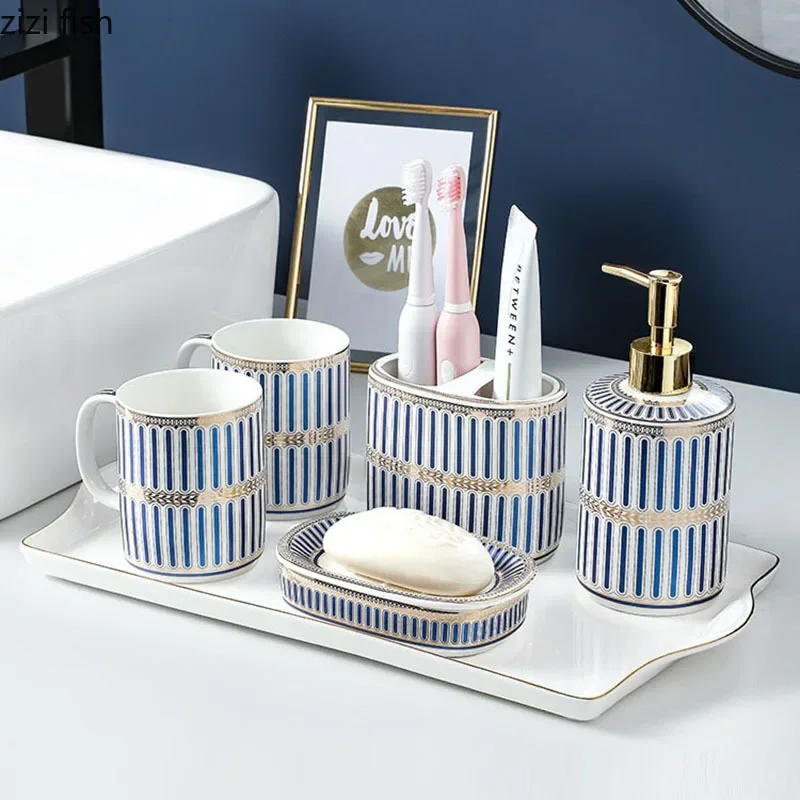 Blue and White Stripes Bathroom Decoration Accessories Ceramic Toothbrush Holder Portable Soap Dispenser Mouth Mug Bath Supplies