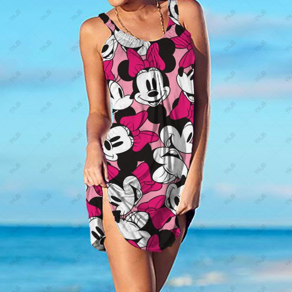 

Disney Minnie Mouse Ladies Loose Beach Dress Sleeveless Sling Print Swing Dress Sexy Casual Italian Spaghetti Strap Mini Dress
