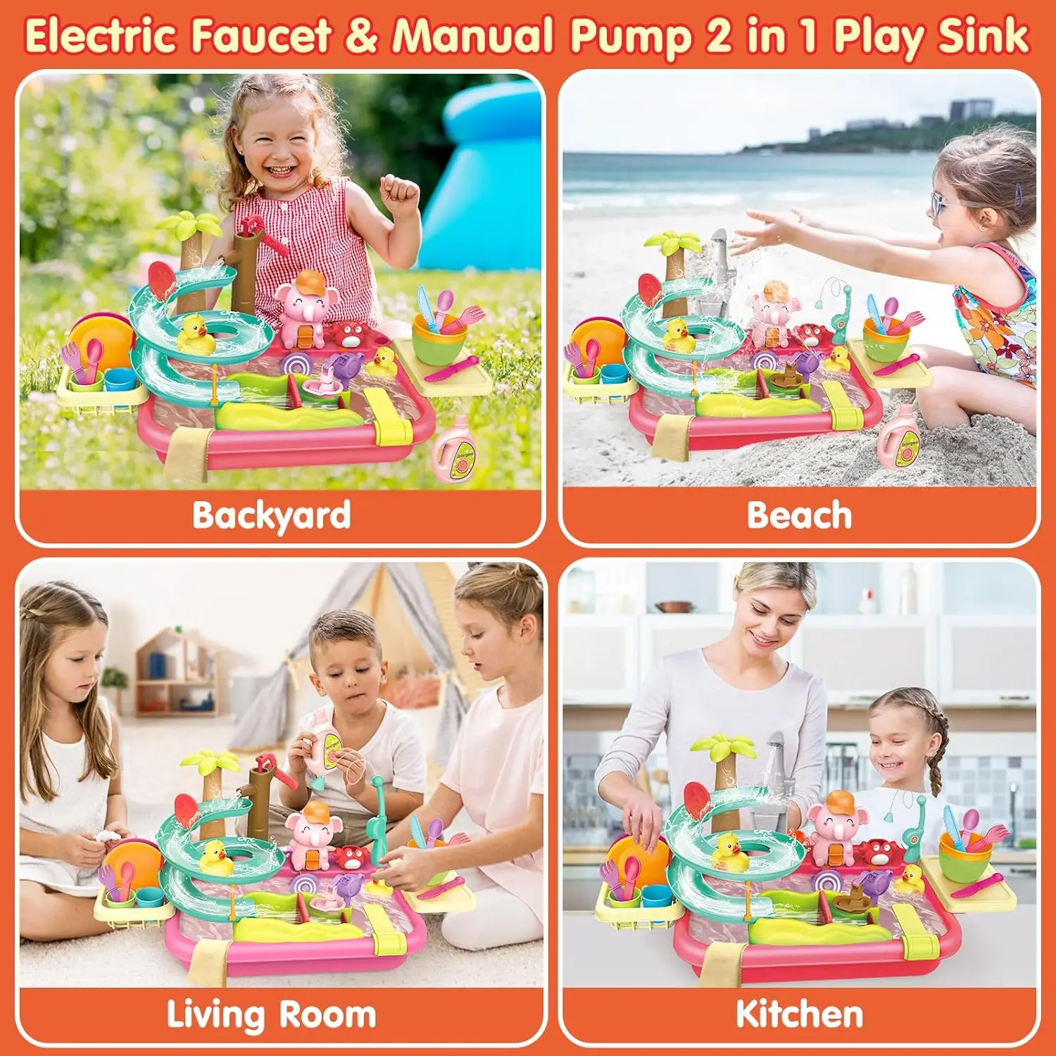 VATOS Kids Play Dishwasher Set Electric Faucet Manual Pump 2 in 1 Running Water Table Kitchen Toy Pool Fishing Game Ages 3+ Girl