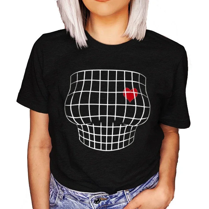 여성용 확대 가슴 착시 티셔츠, 재미있는 프린트 큰 가슴 티셔츠, 여성 하라주쿠 티셔츠, 고스 블랙 상의 셔츠