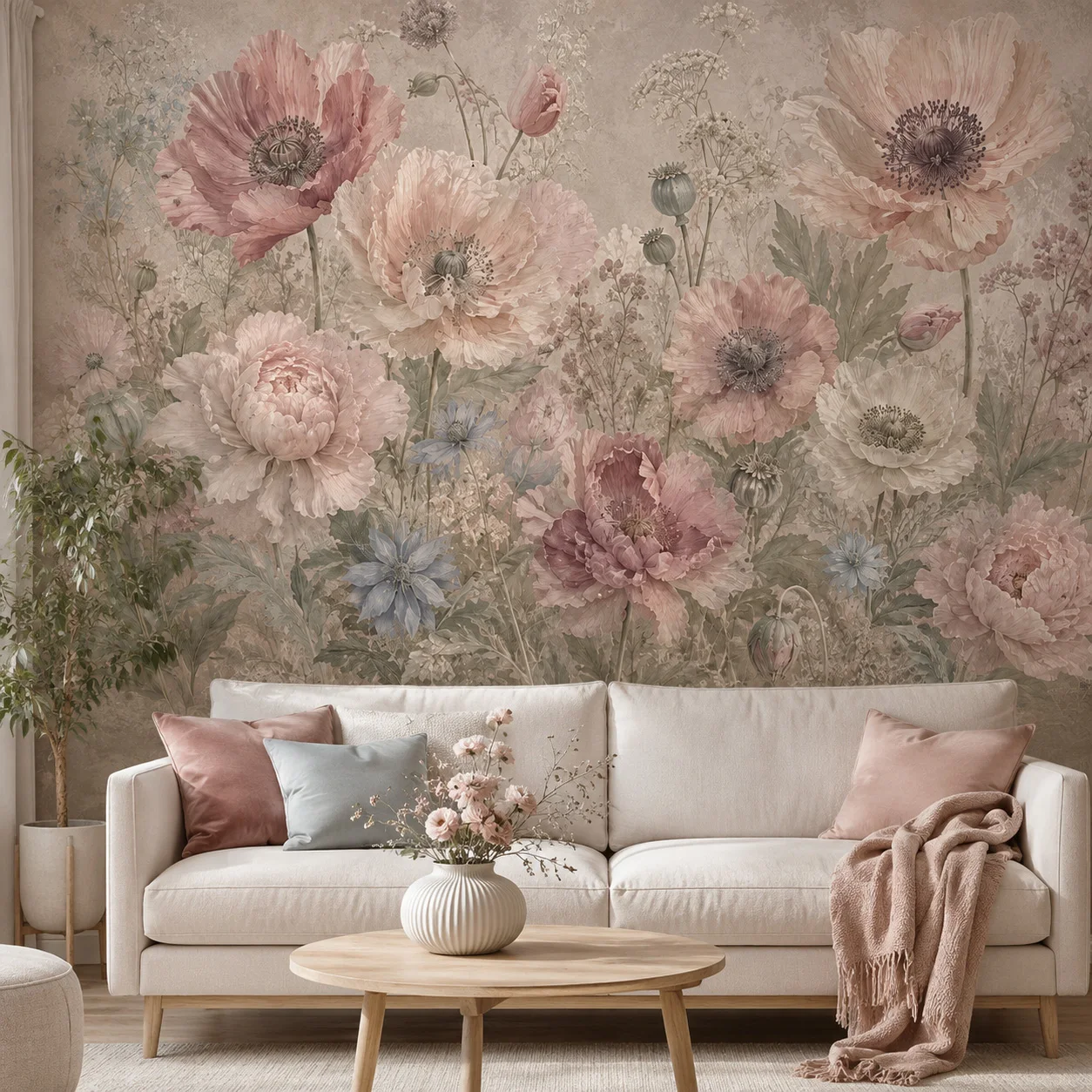 Papier Peint Mural Vintage Personnalisé à Motifs Floraux, Rose Pâle, Coquelicots et Pivoines, Décoration Murale pour Salon et Chambre, Non Auto-Adhésif 1