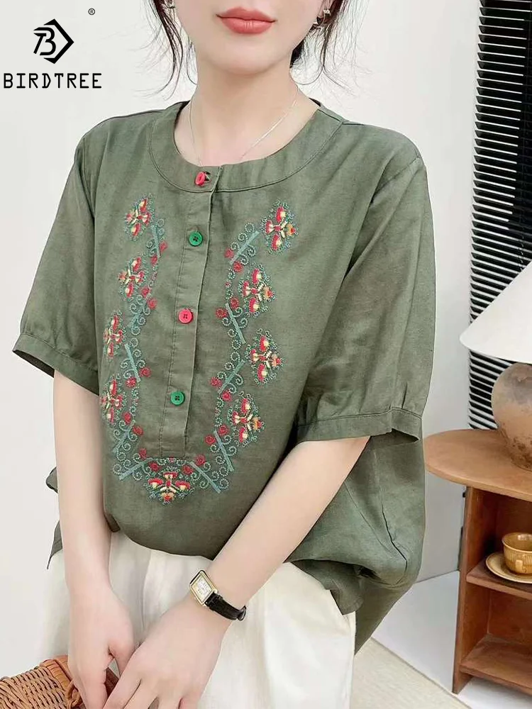 

New Spring Cotton Loose Shirt Women Embroidery Short Sleeve Tops Girl Literature Casual Retro Blouses 2024 Summer T44604QM