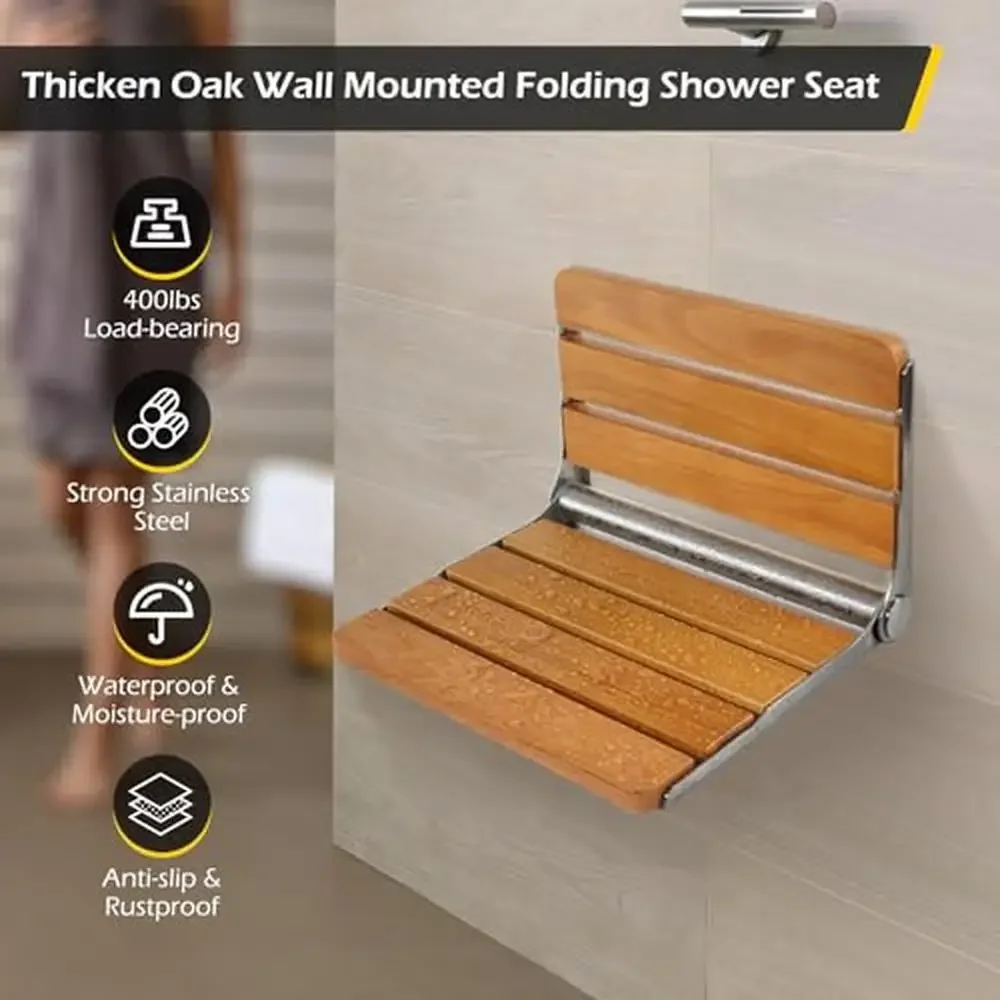 Wall Mounted Folding Shower Seat 400lbs Load-Bearing Rust-Proof Solid Wood Stainless Steel Bathroom Chair Foldable Sauna Bench 2