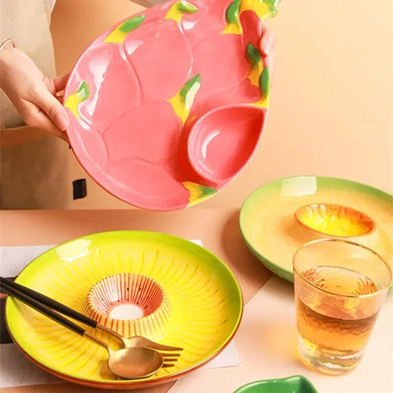 Ceramic Fruit Shaped Creative Plate Salad Candy Fruit Dried Snacks Grid Plate Snack Bowl Children's Dish Dinner Japanese